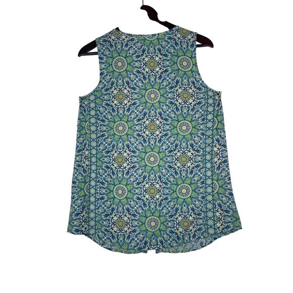 J Jill Tunic Top Blue/GN Small Lotus Floral Sleeveless Button-down Resort Casual - Picture 3 of 6